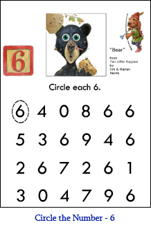 Circle the Number Worksheet  Six (6) with black bear art and a “6” number block from the Irish Setter page of the children’s counting book, Ten Little Puppies.